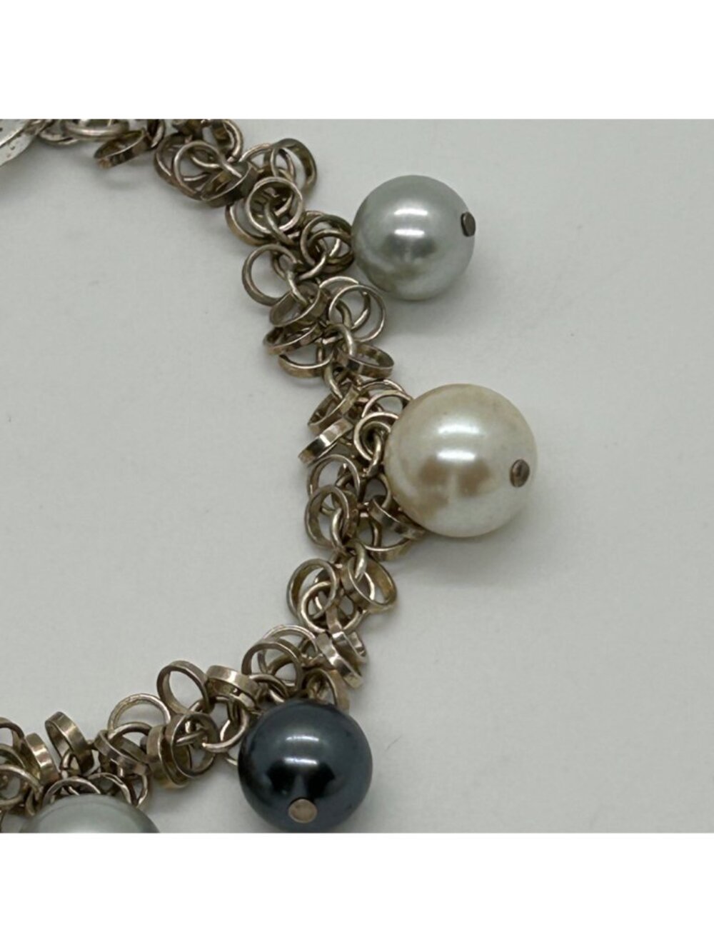 Vintage Silver Tone Chunky Chain Toggle Bracelet Multi-Color Faux Pearl Charms - Picture 6 of 10